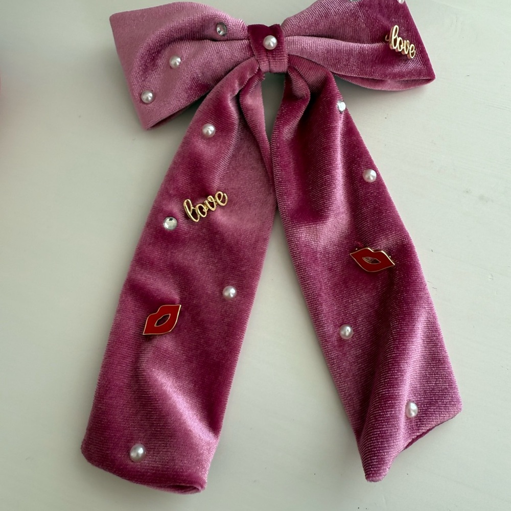 Target Brand Pink Velvet Hair Bow with Pearls, Love and Lip Charms - Adult + Kid